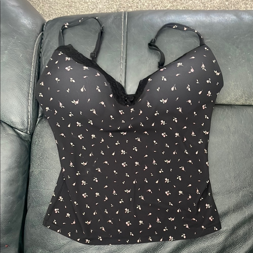Skims - Black Floral Lace-Trim Cami Top - Padded - medium.